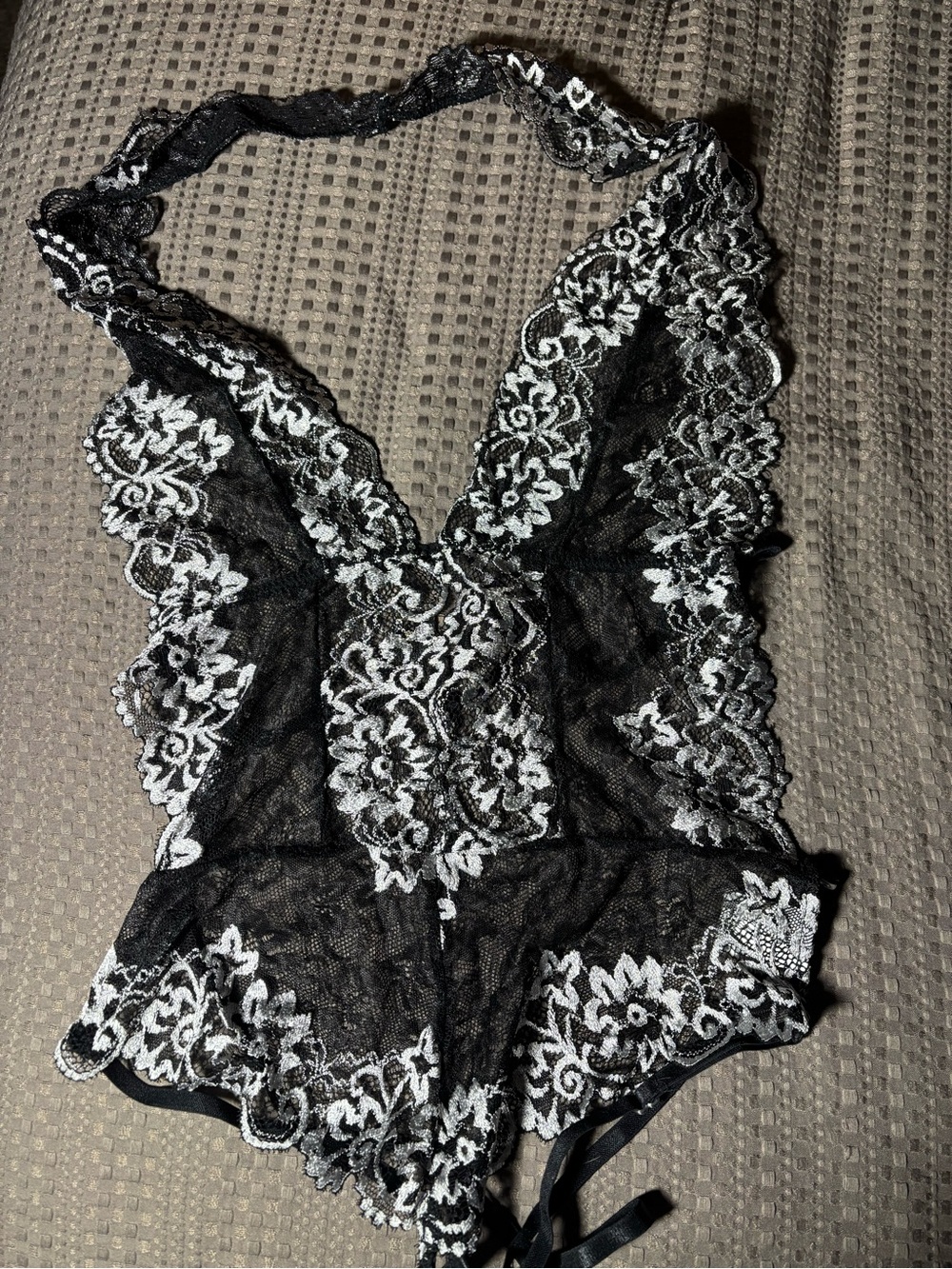 Sheer Black Lace Halter Chemise with White Floral Embroidery